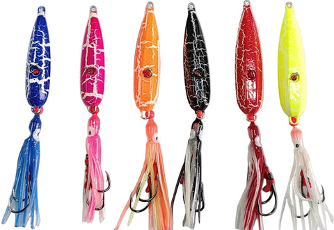 Set of six colorful fishing lures on a white background