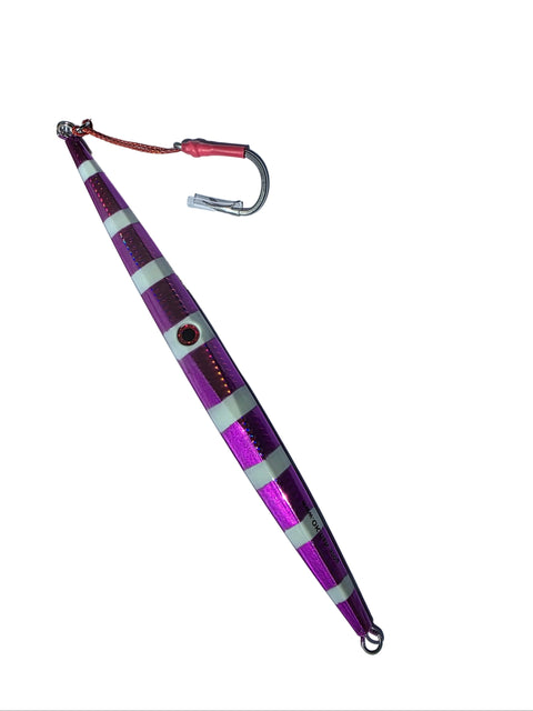 Purple and gray striped rod with a hook on a white background