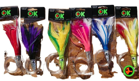 Box Set Of Six Coloured Tuna Feather Lures Tuna